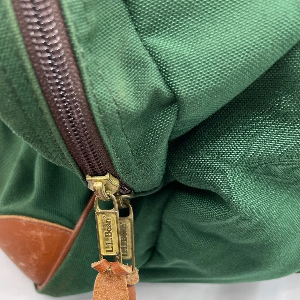 Vintage LL Bean Duffle Bag Green Canvas Leather Trim Weekender